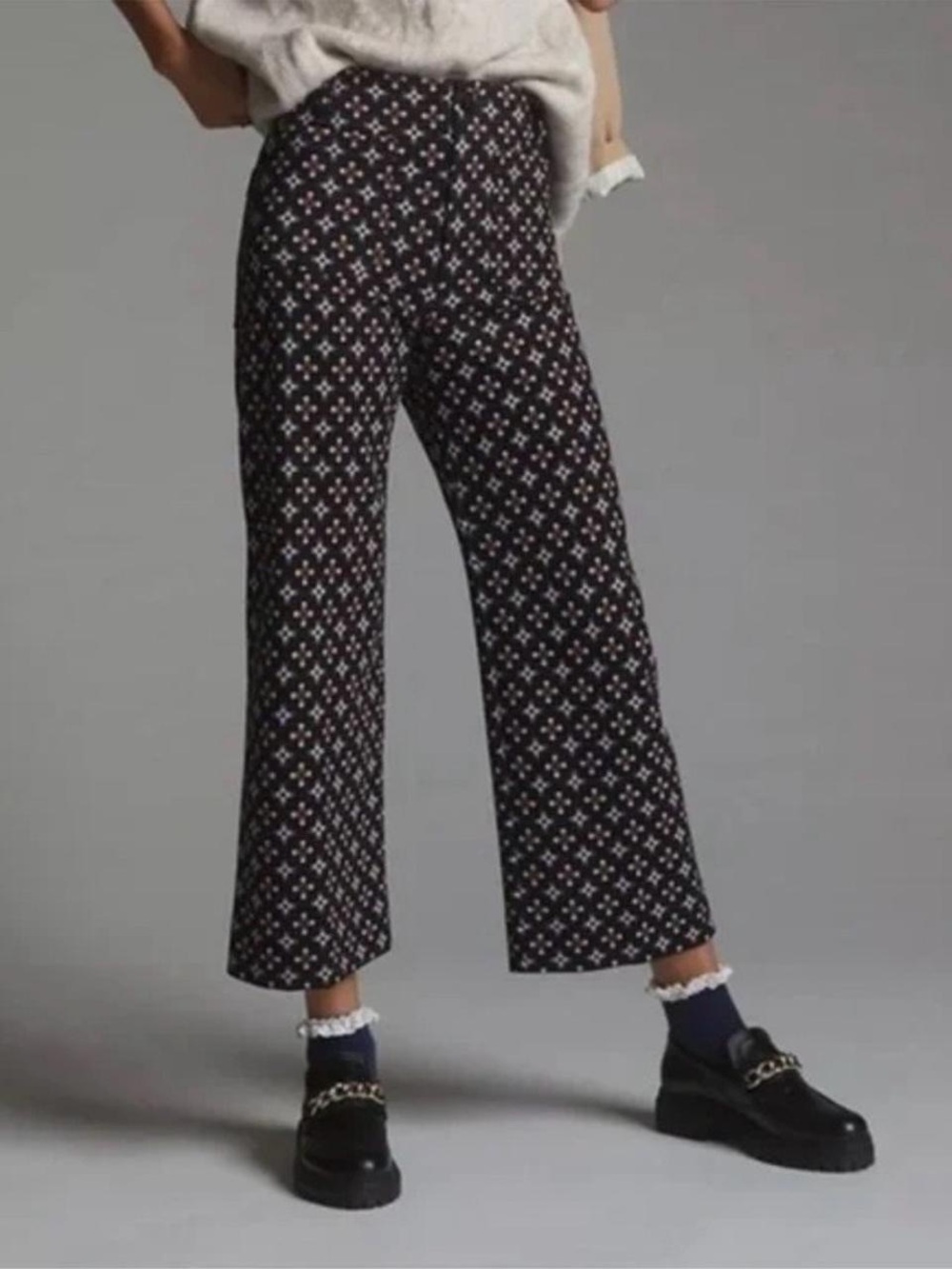 Anthropologie Black Cropped Patterned Wide-Leg Pants